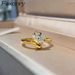Foxanry Gold Color Sparkling Zircon Ring For Women Girl Simple Classic Elegant Exquisite Romantic Sweet Anniversary Jewelry Gift