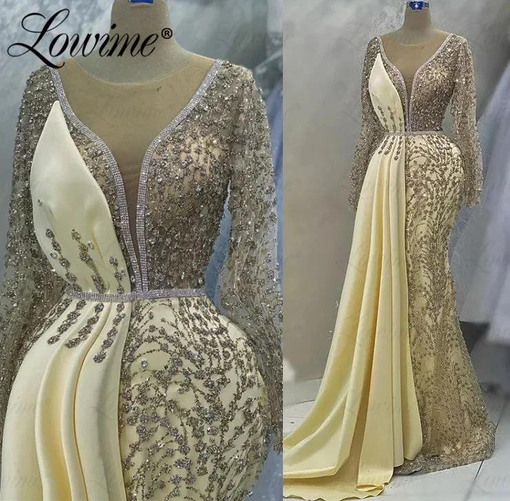 Vestido formal de noite para mulheres do Oriente Médio, árabe, Dubai, vestidos para mãe da noiva, tamanho grande, mangas compridas, vestidos de festa, amarelo claro