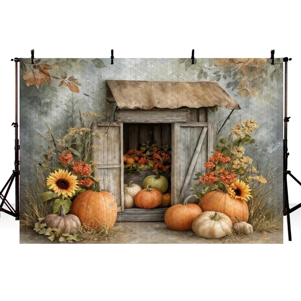 Mehofond Autumn Photography Backdrop Retro Door Pumpkins Flowers Kids Birthday Family Party Photo Portrait Background Decor