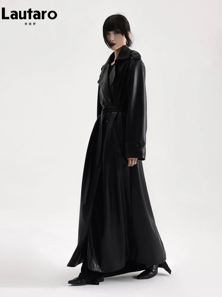 Lautaro-Manteau en cuir PU souple extra long pour femme, noir, double boutonnage, décontracté, mode coréenne, printemps, automne, 2024