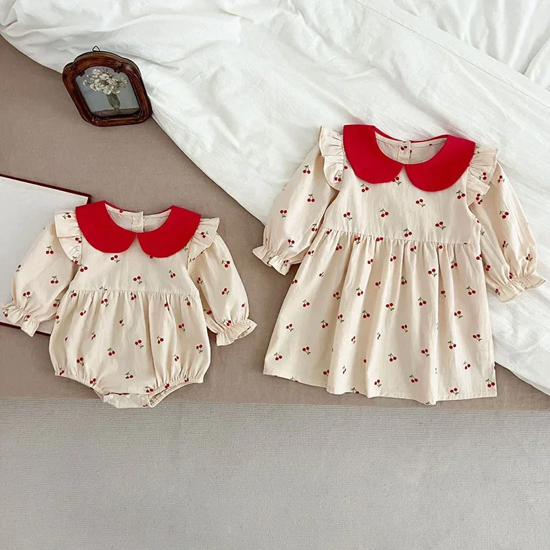 Sisters Outfit Sweet Cherry Baby Girls Bodysuit Spring and Autumn Girls' Princess Dress Cute Infant One Piece Kid's Clothes