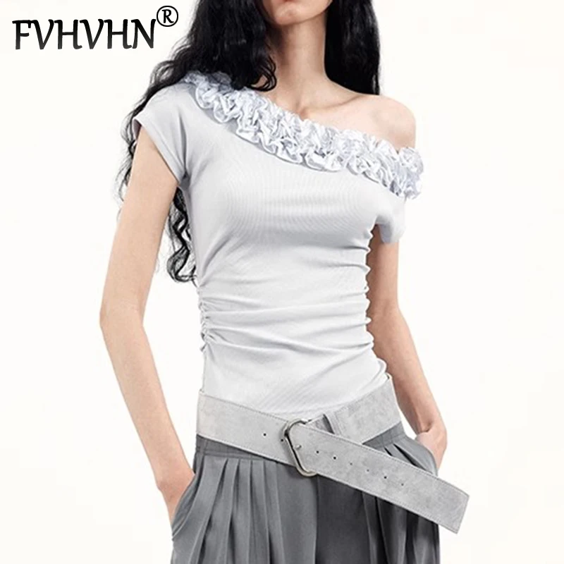 

FVHVHN Fashion Women's Flower Edge Design Slanted Shoulder T-shirts Slim Fit Versatile Grey Tops Female Trendy New Items 1A250