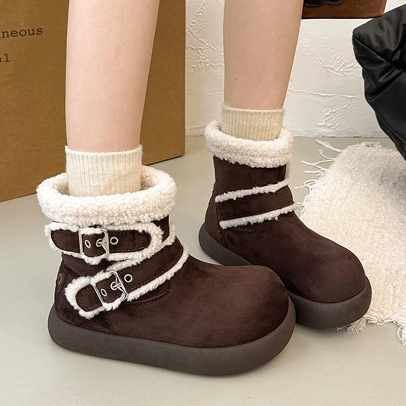 

Женские зимние ботинки на плоской подошве, теплая хлопковая обувь на меху, новые зимние ботильоны 2025 года, модные уютные прогулочные короткие плюшевые спортивные ботинки Botas Lady