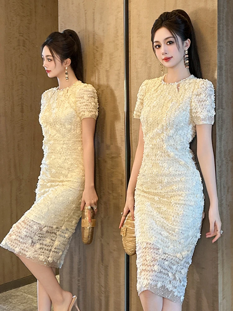 ชุดเดรสลูกไม้ปักเลื่อมแขนสั้นทรงดินสอเข้ารูปสำหรับผู้หญิง สไตล์หรูหรา เหมาะสำหรับงานปาร์ตี้ งานพรอม งานพิธีการ ฤดูร้อน รุ่นใหม่