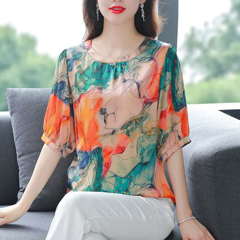 Simplicity Women\'s Clothing 2023 New Korean Elegant Summer Thin Casual Printing Geometric O-neck Short Sleeve Pullovers T-Shirts