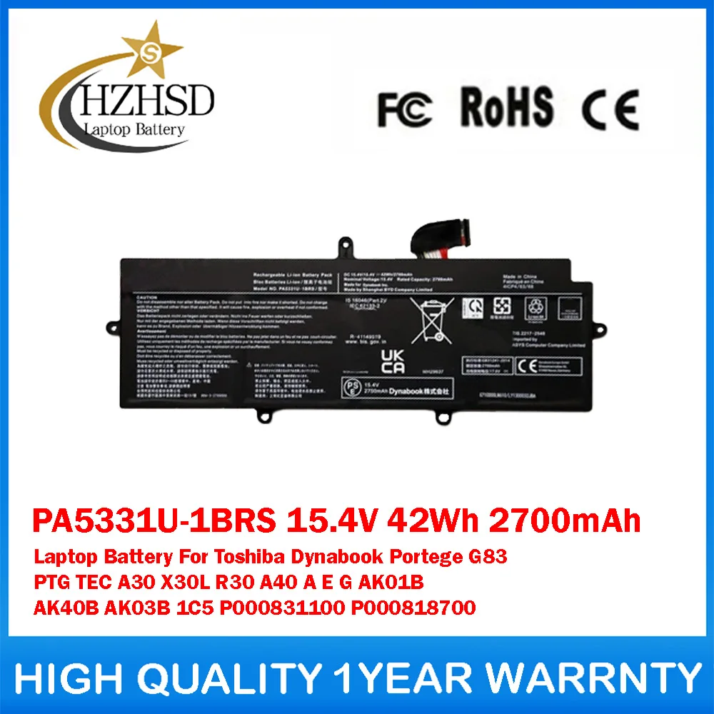 PA5331U-1BRS 15.4V 42Wh 2700mAh Laptop Battery For Toshiba Dynabook Portege G83 PTG TEC A30 X30L R30 A40 A E G AK01B AK40B AK03B