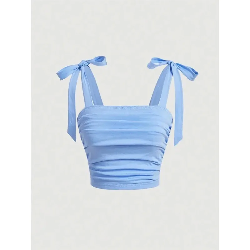 

FANAN Solid Tie Shoulder Ruched Wide Strap Slim Fit Crop Top for Women Summer 2025 Y2K Clothes Pink Backless Cami Top Streetwear