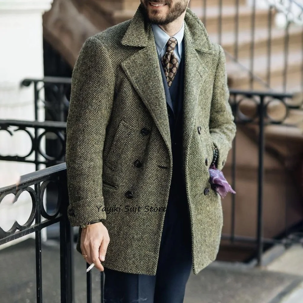 

Мужское социальное пальто, повседневный стиль, модный пиджак, мужские пиджаки из ткани «елочка», двубортный городской пиджак с воротником с лацканами, костюмы