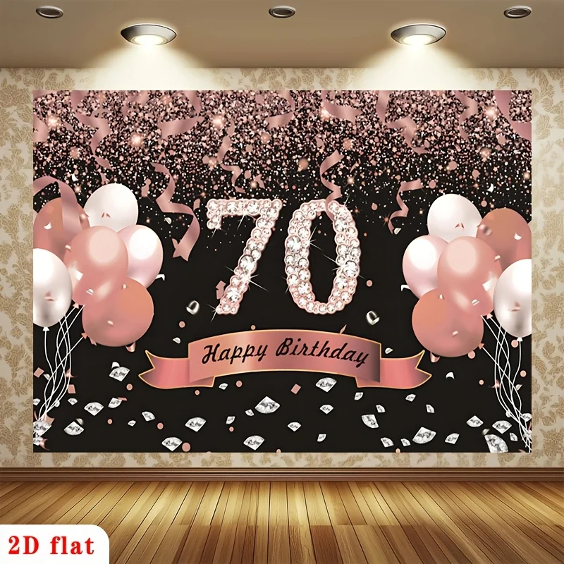 2D-Planarbanner, 1 Stück. Alles Gute zum Geburtstag. 70 glänzende roségoldene Ballons mit diamantverziertem Polyester-Hintergrund.
