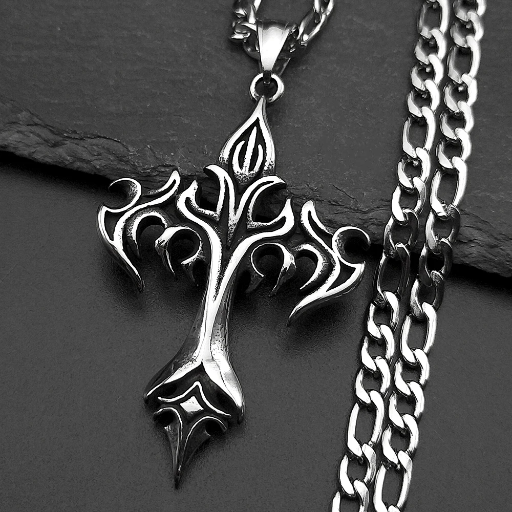 

Hip Hop Flame Cross Pendant Necklace For Women Men Stainless Steel Black Retro Punk Unisex Minimalist Chain Jewelry Accessories