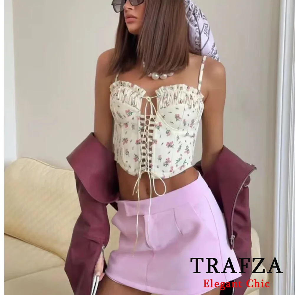 

TRAFZA Hotsweet Корсетный топ на шнуровке для женщин с цветочным принтом и рюшами на шее, модный топ 2025 года, летний праздничный топ для пляжной вечеринки, уличный топ