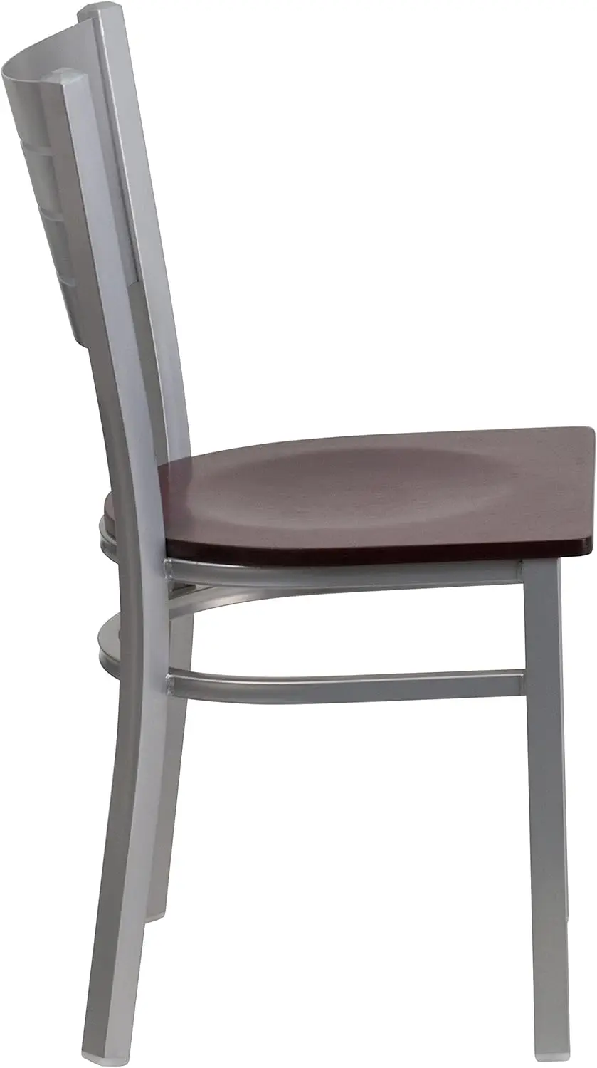 Silver Slat Back Metal Restaurant Chair - Mahogany Wood Seat