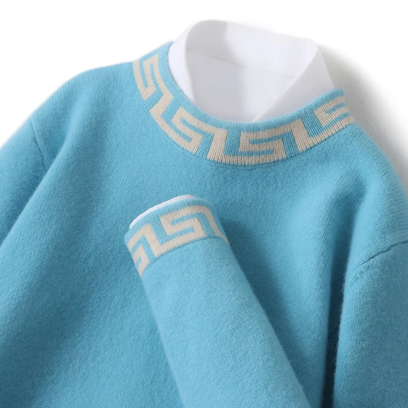 Autunno e inverno nuovo maglione di cashmere da uomo girocollo colore abbinato maglione casual spesso 100% pura lana lavorata a maglia fondo