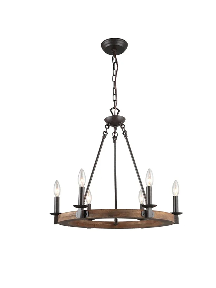 

Retro restaurant light American simple round medieval wood chandelier living room homestay master bedroom study lamp exit