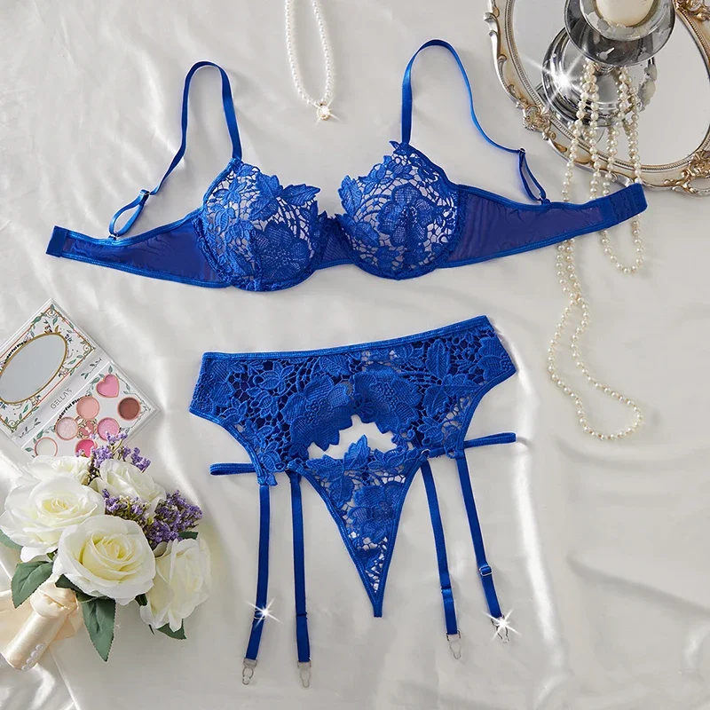 

Женское нижнее белье, ультра сексуальные кружевные комплекты с бюстгальтером и подвязками, необычное эротическое белье с вышивкой, комплект нижнего белья из 3 предметов, темно-синий интимный комплект