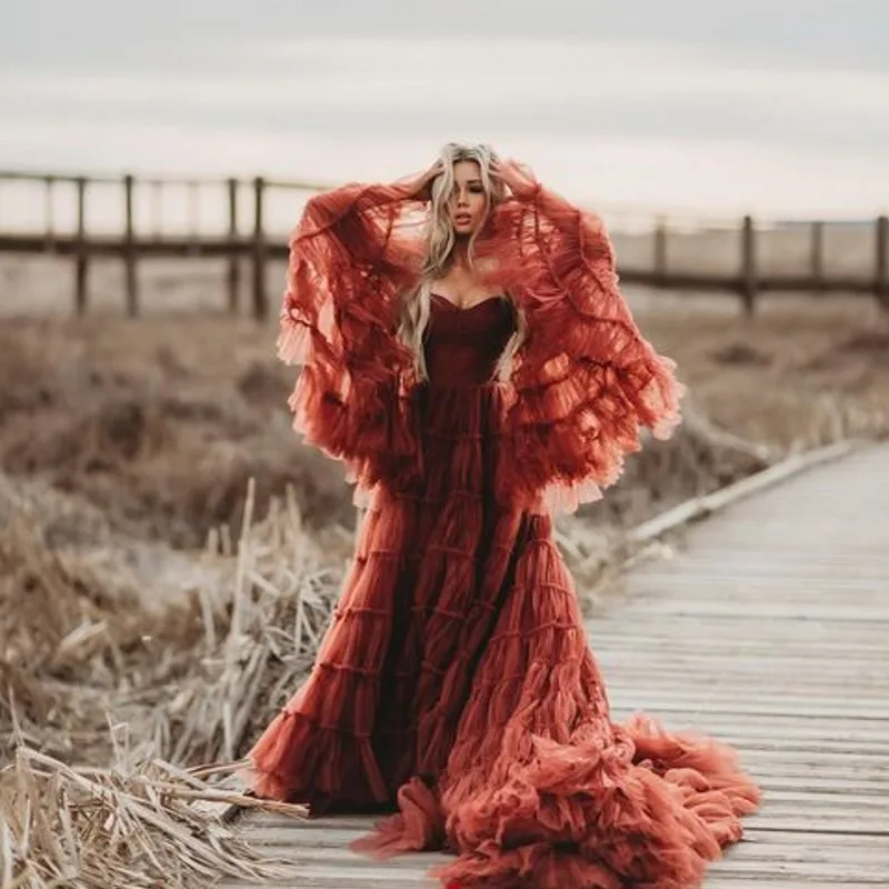 

Gorgeous Fark Red Soft Tulle Wedding Gowns With Puff Sleeves Long Bridal Dresses With Long Train Color Free Tulle Robe