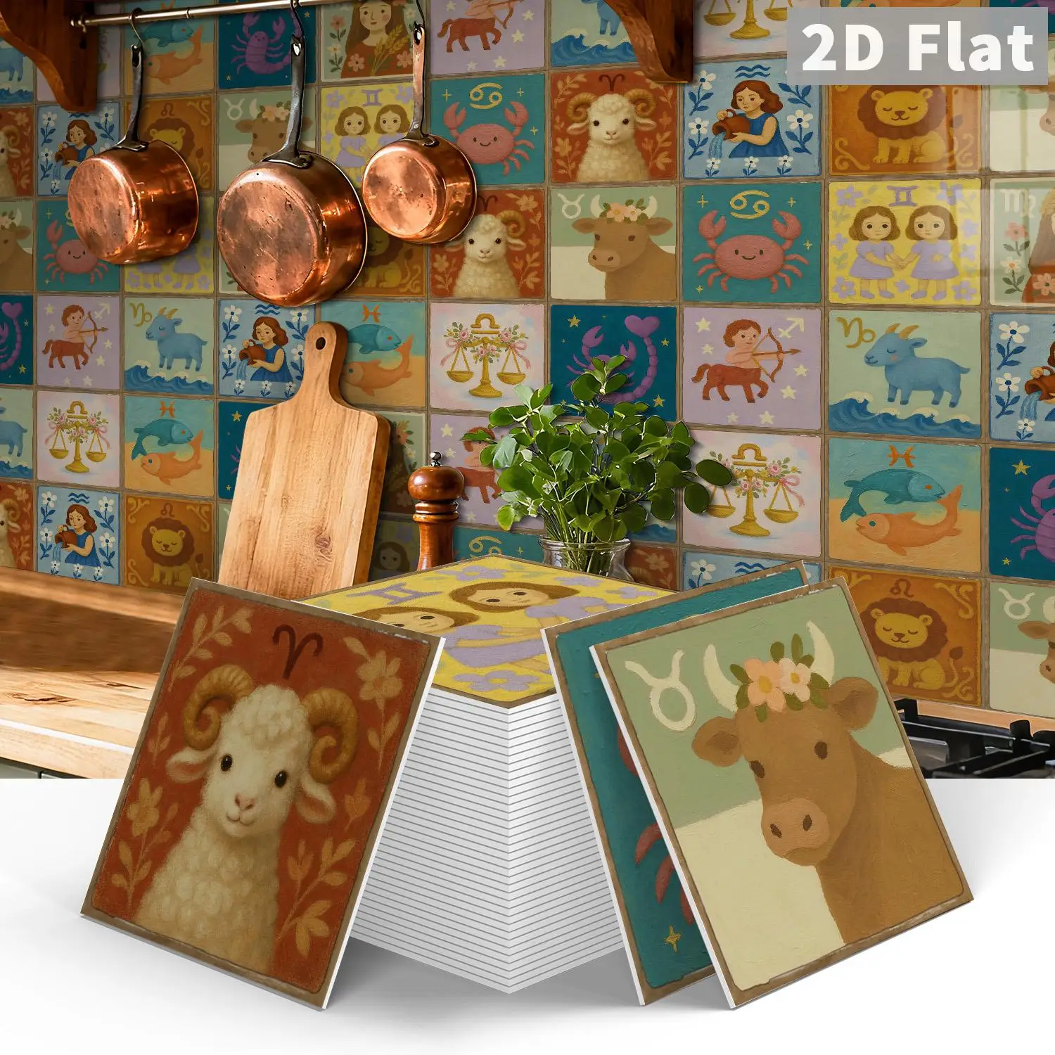 Cute Cartoon Zodiac Wall Tile Sticker 15x15cm, Self‑adhesive Astrology Square Decal for Home Wall Decor