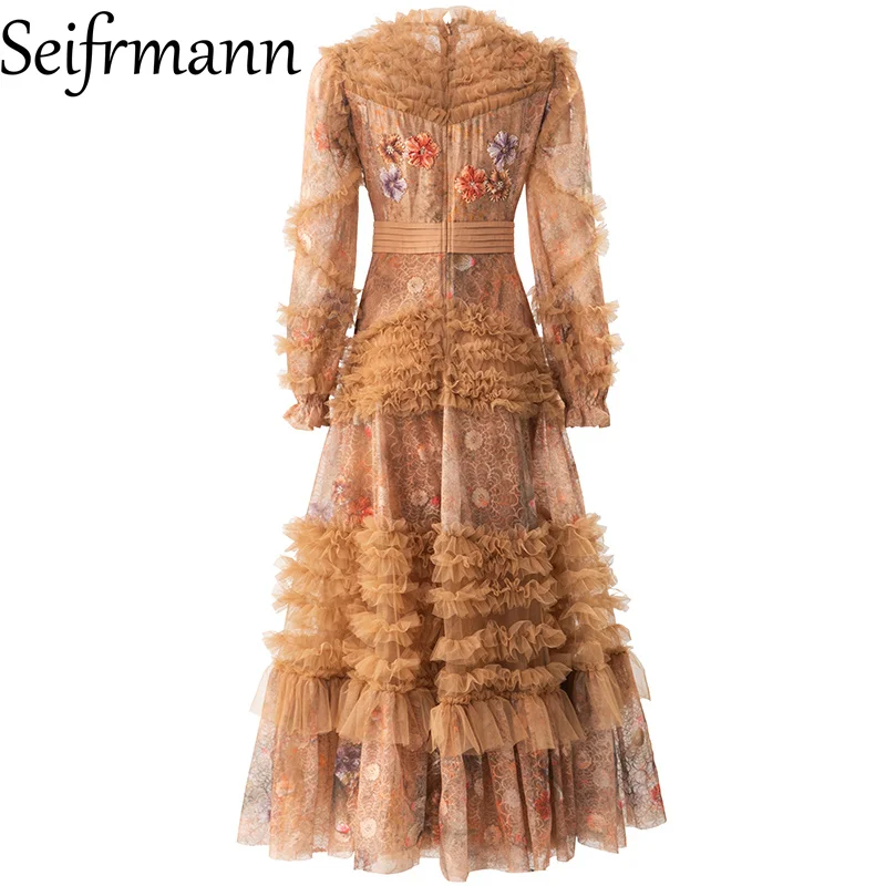 Seifrmann 2026 lente dames nieuwe modieuze ronde hals lange mouw kraalbloem pailletten bedrukte bloem mesh-jurk