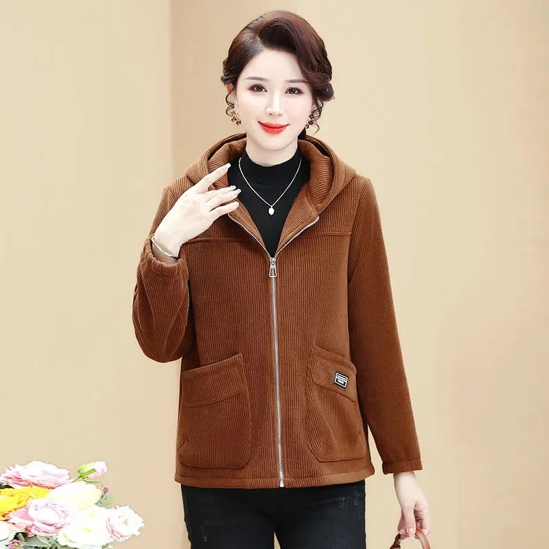 New Autumn Winter Corduroy Coat Women Add Velvet Warm Hooded Jacket Middle-Aged Mother Casual Outwear Joker Ladies Overcoat Tops