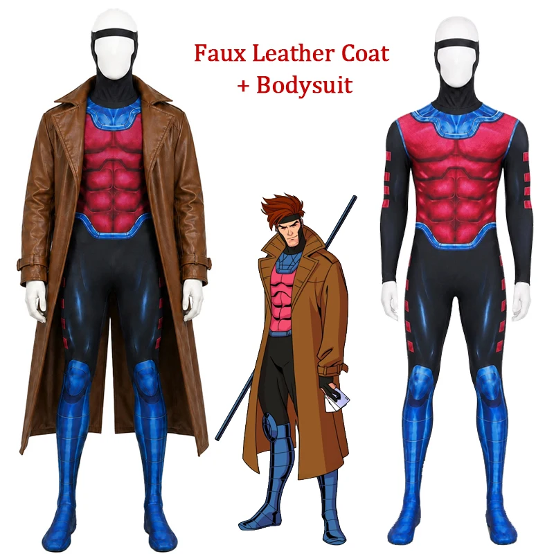 X MEN Gambit Cosplay Costume Remy LeBeau Battle Suit Leather Long Trench Jumpsuit Zentai Set Superhero Halloween Carnival Outfit