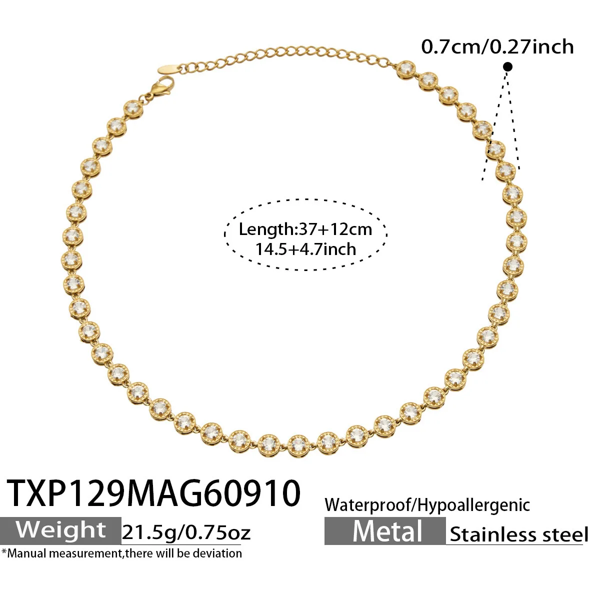 Runde Zirkon-Tennis-Halskette, Armband und Ohrringe, 18k vergoldeter Edelstahl, 3-teiliges Hochzeitsschmuck-Set – Detail 6