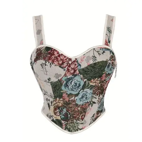 

Rose Embroidery Fibone Vest Top Women's Faion ort Crop Top Zipper Inner Wear Rose Embroidery Bandage Tank Top Outerwear