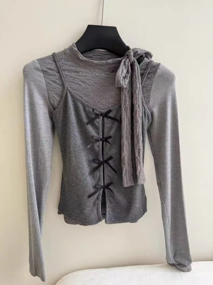 Harajuku Fashion Long-Sleeve Lace Shirt 2025 New Women's Autumn Gray T-Shirt Slim Fit Pretty Vest Tops Elegant Two-Piece Set Ins