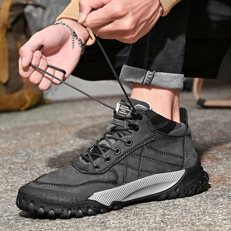 Golden Sapling Outdoor Shoes Men Genuine Leather Mountain Trekking Boots Men\'s Ankle Boot Retro Platform Flats Casual Work Shoe