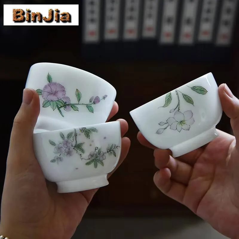 

120 мл ледяная чашка из овечьего жира, нефритовая фарфоровая чашка, ручная роспись, главная чашка с цветами, дзен-медитация, прессовый набор чашань, кунг-фу
