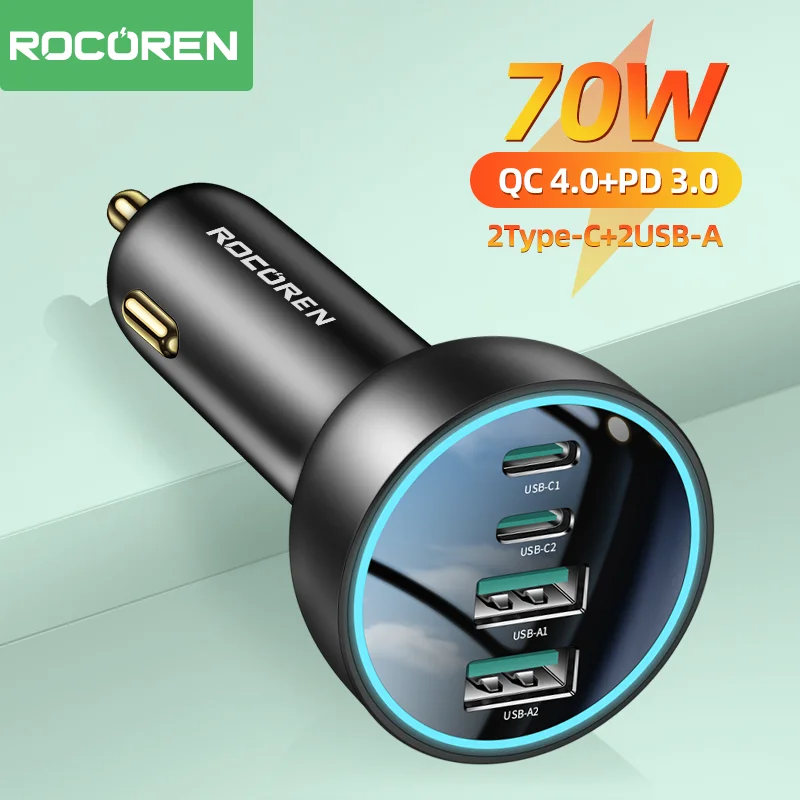 Rocoren 70W 4 in 1 Car Charger USB Type C QC4.0 PD3.0 Super Fast Charging Car Quick Charger Adapter for iPhone 15 Xiaomi Samsung