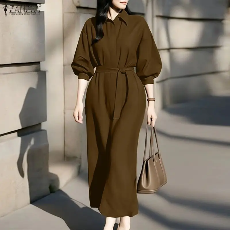 Mulheres maxi vestidos zanzea moda camisa longa vestido elegante festa vestido de verão 2026 primavera casual botões sólidos com cinto solto robe