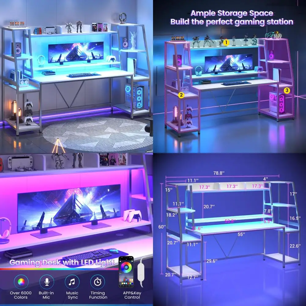 SEDETA White Gaming Desk 78.8'' with LED Lights, Hutch and Storage Shelves, Computer Desk with Monitor Stand, Large PC Gamer Des