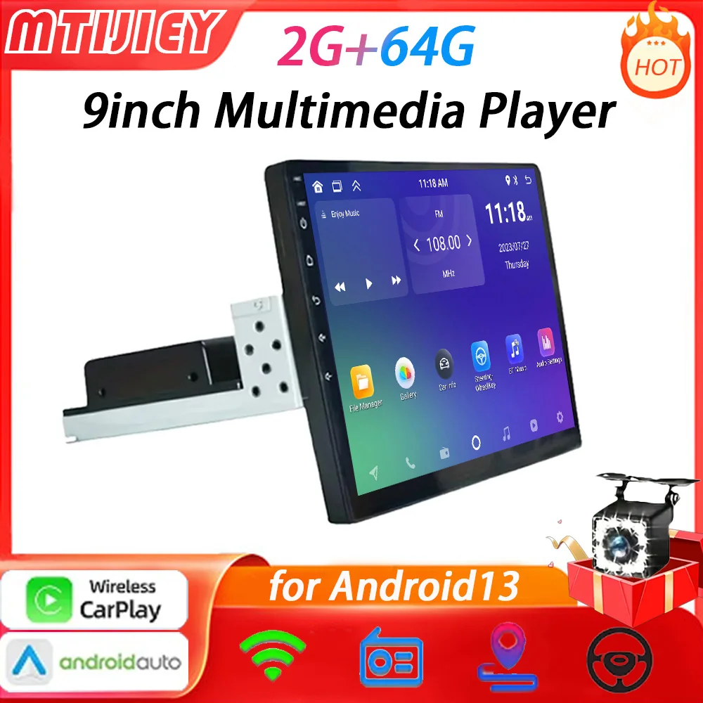 MTIJIEY 2+64G 9'' Android13 1Din Car Multimedia CarPlay Universal Navigation GPS 1 DIN Headunit Auto Radio Audio Stereo dvd