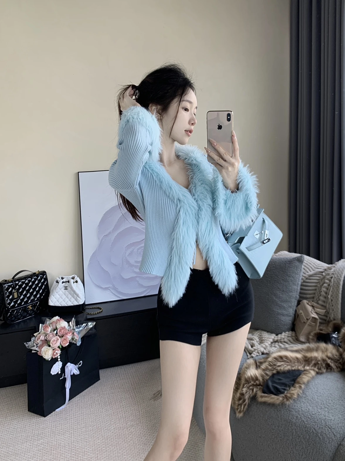 

Мягкий уютный синий вязаный свитер с V-образным вырезом, поясом и пушистым кардиганом для женщин с фигурами типа «груша», для повседневной носки, осенний, длинный рукав