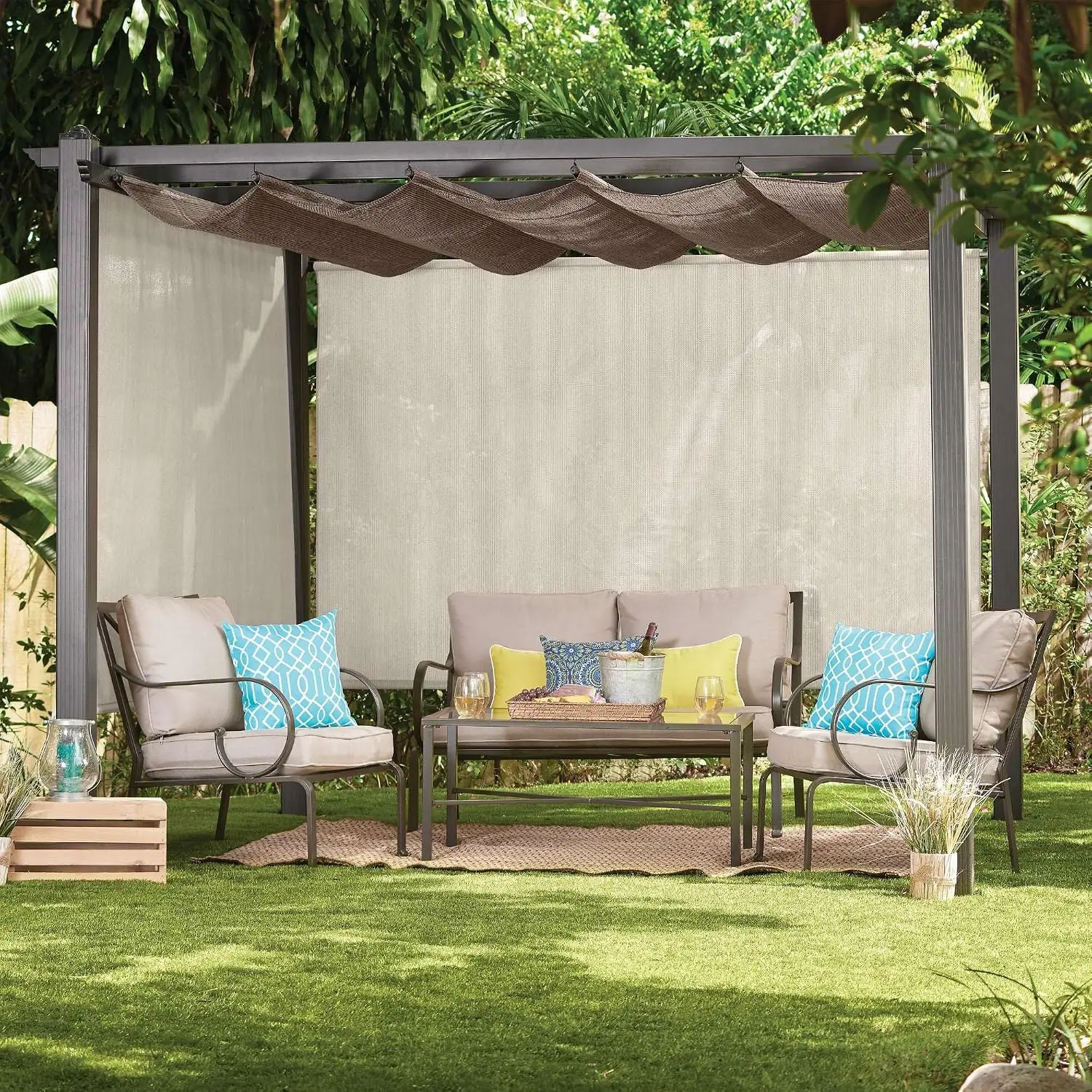Outdoor Roller Shade With Wand Light Filtering Sun Shade Screen Breathable Weather Resistant Sunshade Blind For Patio Porch Deck Pergola Garden Pebble