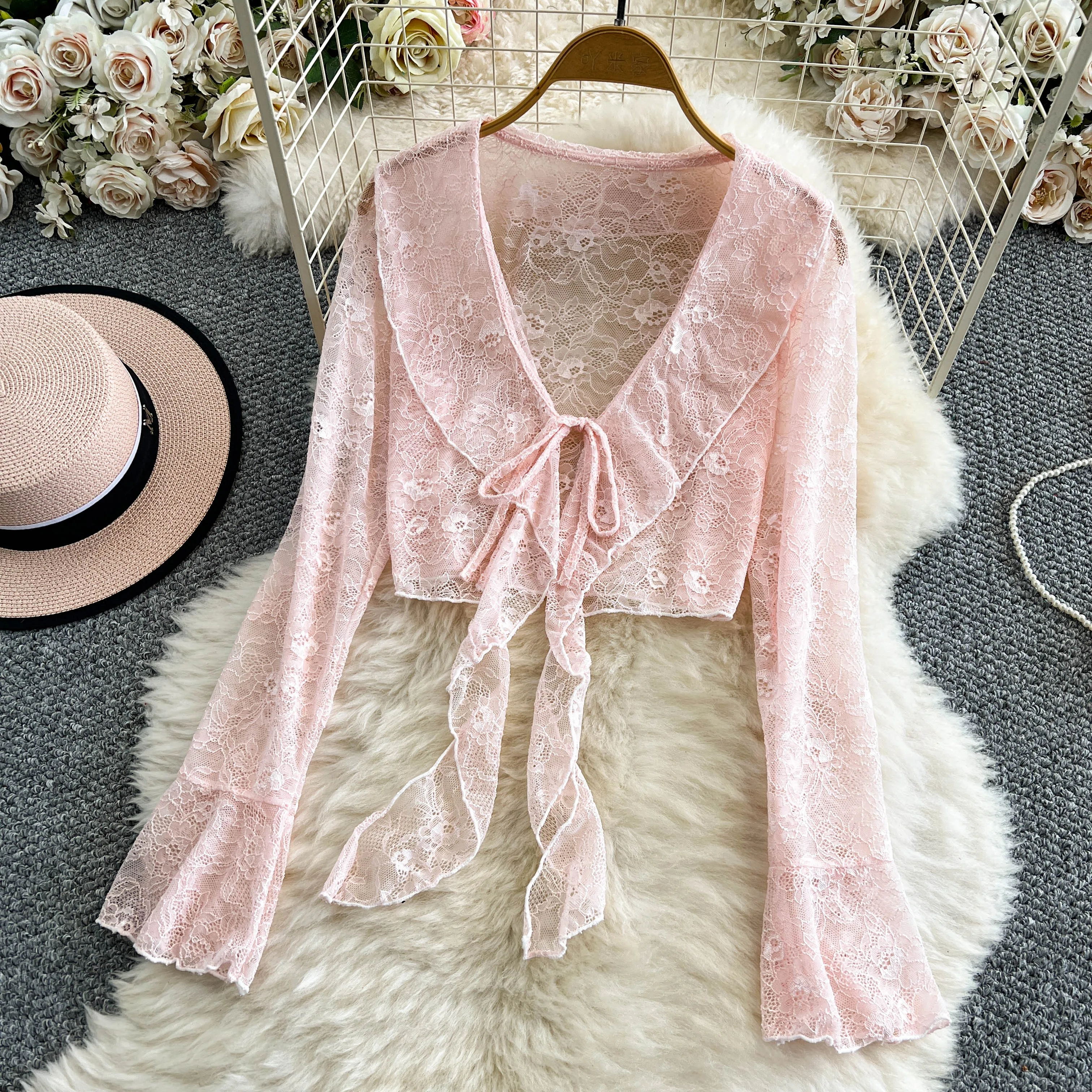 

Sweet Capes And Fresh Horn Sleeve Lace Cardigan Polo Women Summer Clothing Ruffle Edge Thin Long Sleeve Sunscreen Cover