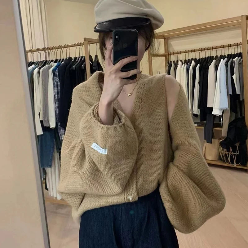 

Нежный вязаный свитер с V-образным вырезом и рукавами-фонариками, комплект из двух предметов, женская мода, стиль «ленивый шик», осенняя коллекция Dongdaemun