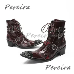 New Iron Square Toe Motorcycle Boots Punk Men's Genuine Leather Lace-Up Mid-Calf Boots Gothic Belt Buckle Rivets High Heel Shoes