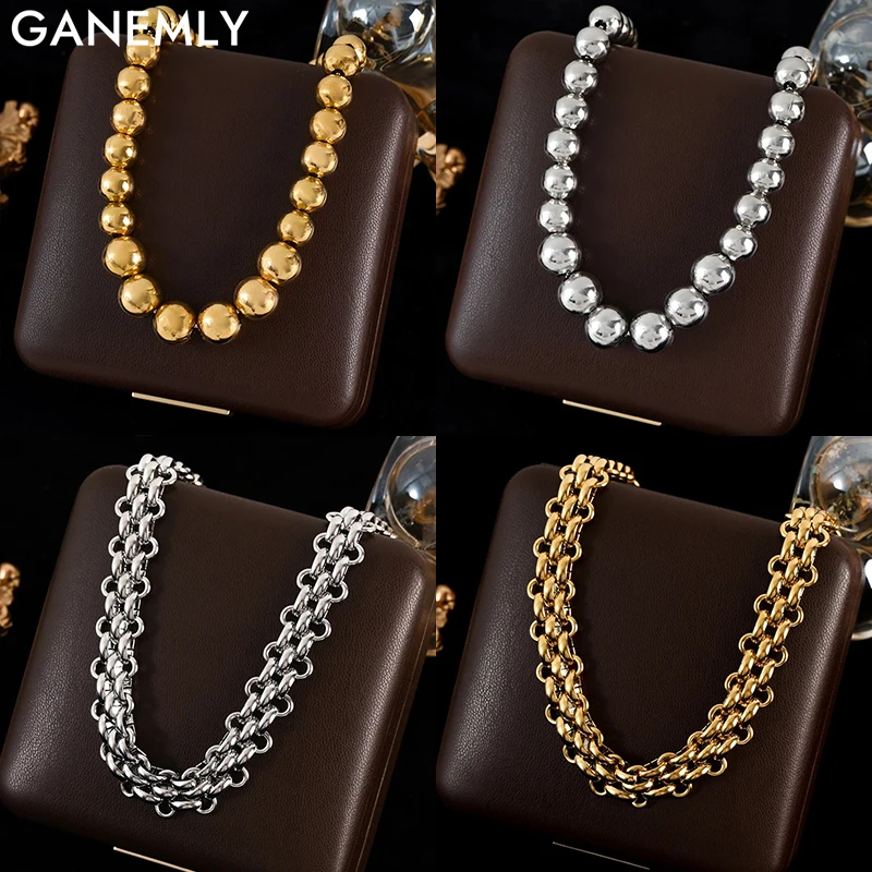 GANEMLY 316L Stainless Steel Ball Beaded Cuban Chain Necklace For Women New Party Gifts Gold Silver Color Waterproof Jewelry