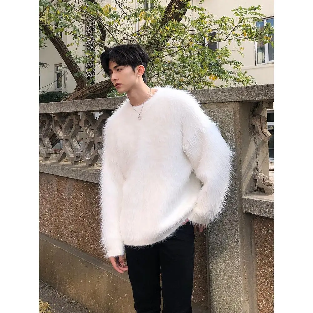 Soft White Mink Velvet Men's Sweater Loose Knitted Winter Outerwear Casual Long Sve round Ne Sweatirt Youth Faion