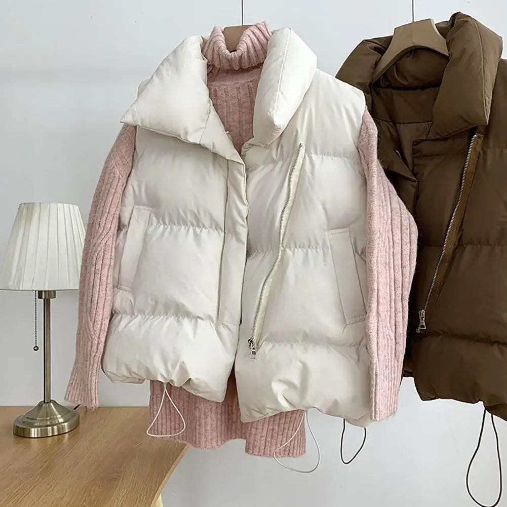 Simple  Winter Waistcoat Comfy Stand Collar Thick Warm Puffer Vest Coat Zipper Placket Versatile Vest Jacket Female Clothing