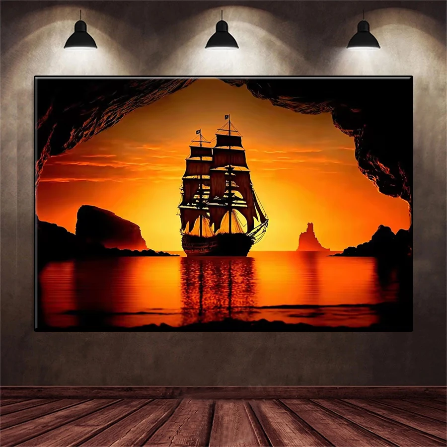 5D Diamant Stickerei Bild Kit Neue Sonnenuntergang Meer Segeln Landschaft Diamant Malerei Mosaik Kreuz Stich Erwachsene Dekoration Geschenk