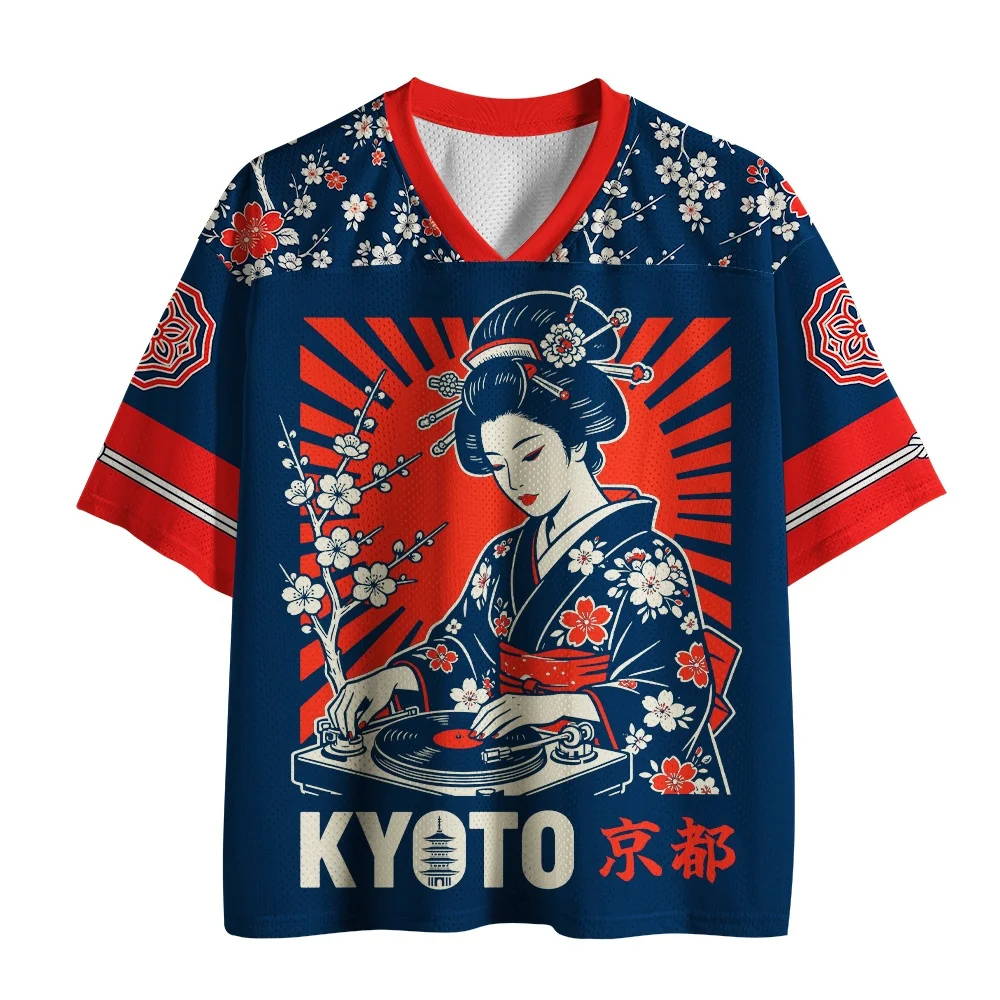 2026 Neues Unisex Retro Grafik-Mesh-T-Shirt, Vintage Punk Japanische Kunst V-Ausschnitt Kurzarm Oversized Festival Streetwear – Detail 4
