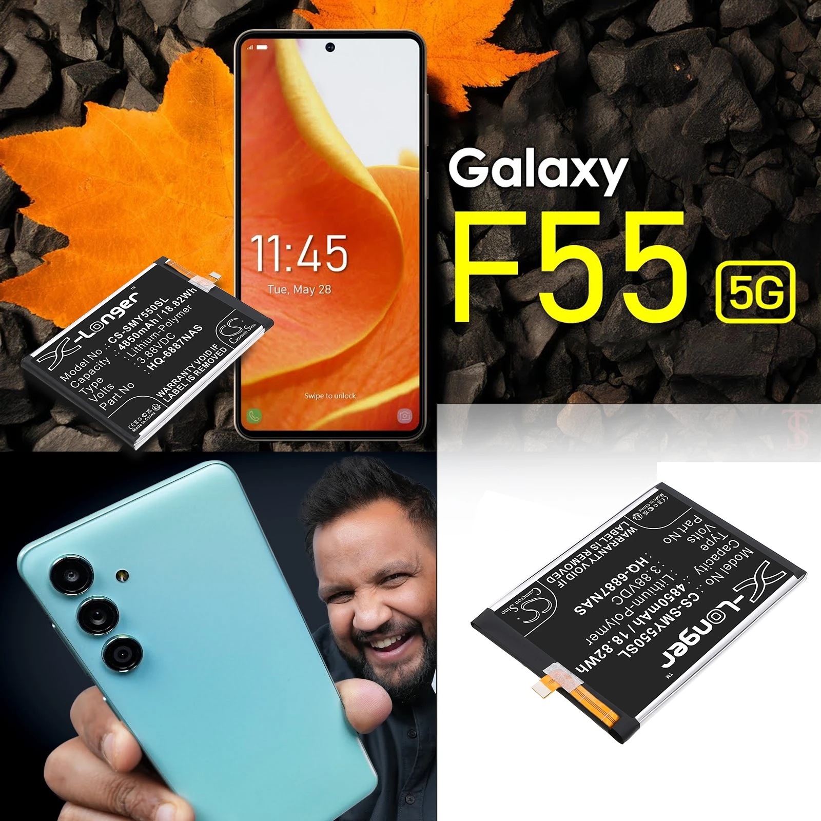 

Cameron Sino 3.88V 4850mAh Battery GH81-25792A, HQ-6887NAS for Samsung Galaxy F55 5G, M55 5G, Y55 5G, SM-C5560, SM-M556B +TOOLS