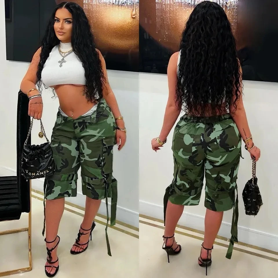 

Camouflage Printed Shorts Women Army Green Cargo Pants with Pockets High Waist Zipper Short Trousers Streetwear