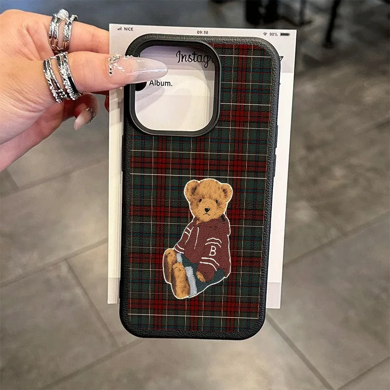 Grid Retro Teddy Bear Pattern Lychee Texture Phone Case For iPhone 17 16 15 14 13 X XS XR 12 11 Pro Max Plus 17 Air  Soft Cover
