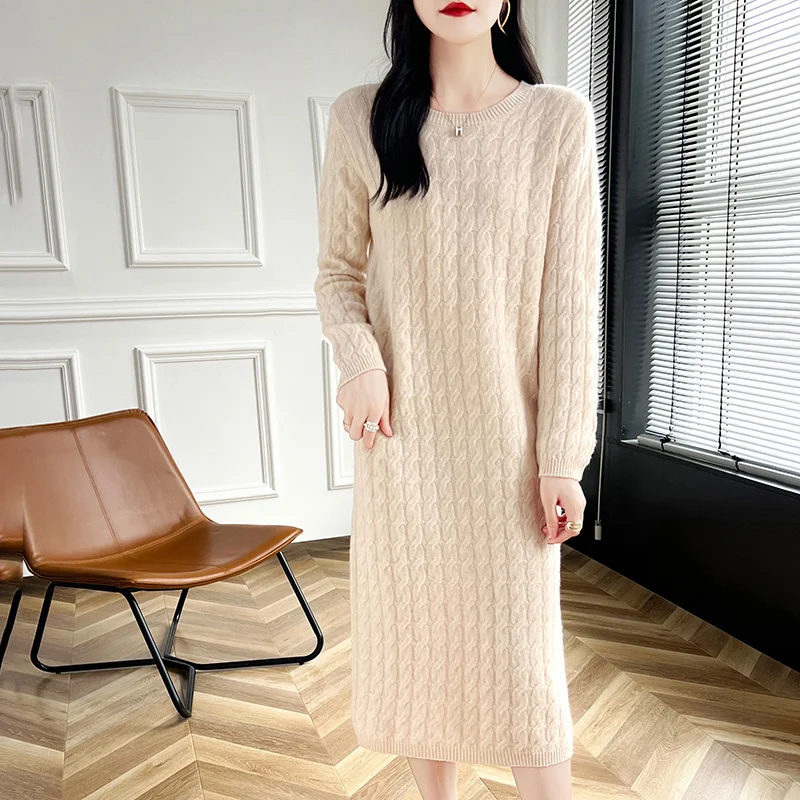 Autumn And Winter New 100% Wool Dress Women's Round Neck Long Twist Loose Knee Cashmere Skirt