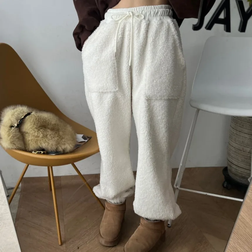 Spodnie damskie z wysokim stanem, stringi, z podszewką, z mankietami, lekkie, ciepłe, codzienne, koreański styl, regularny krój, średnio miękkie.