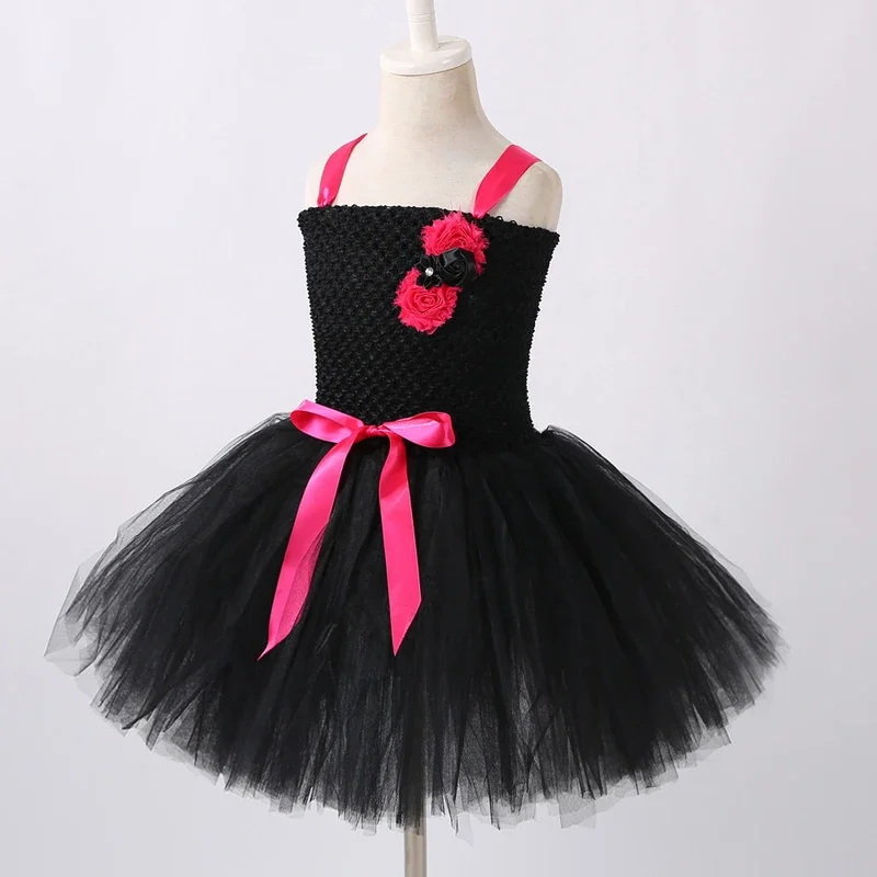 Ярко-розовые, черные платья на подкладке с изображением кота для маленьких девочек, костюмы котенка на день рождения, пачки с ушками, бантом и хвостом @ 0Z *