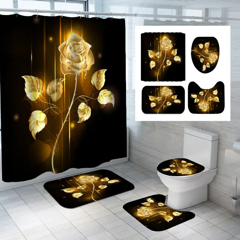 Golden Rose Shower Curtain Flowers Bathroom Curtain For Valentine\'s Day Bathtub Decor Waterproof Rose Bath Curtains With Hooks